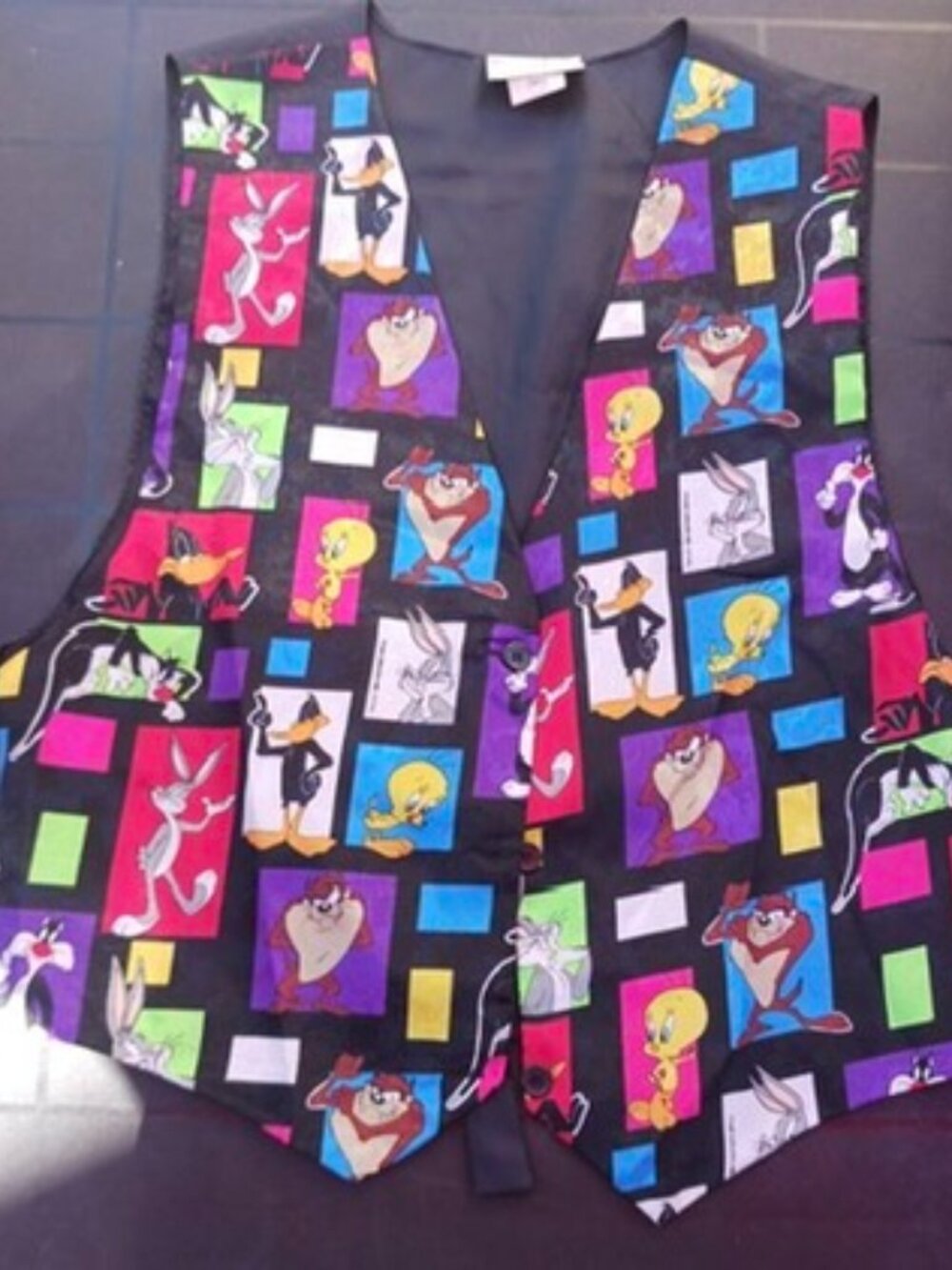 Vintage 90s Looney Tunes Vest Bugs Tweety Taz Daffy Color Block